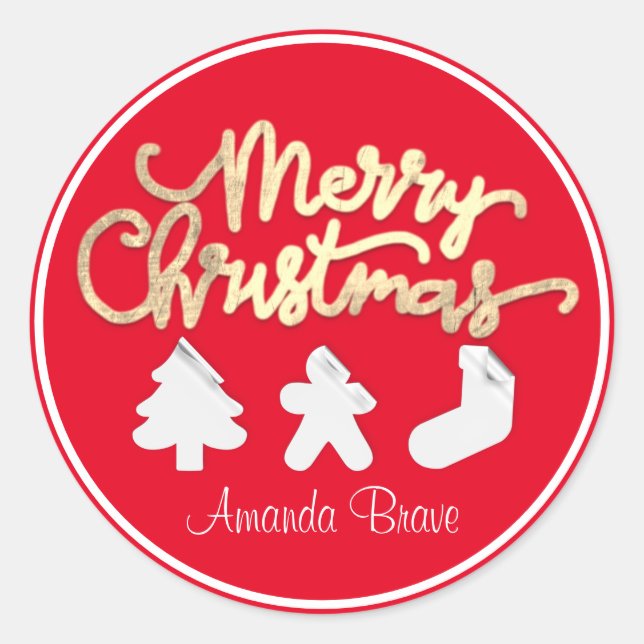 Merry Christmas Framed Tree Name Gold Red White Classic Round Sticker (Front)