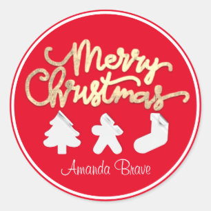 Merry Christmas Framed Tree Name Gold Red White Classic Round Sticker