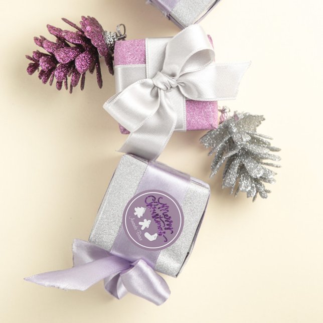 Merry Christmas Framed Tree Name Gold Smoky Purple Classic Round Sticker (Merry Christmas Framed Tree Name Gold Smoky Purple Classic Round Sticker)