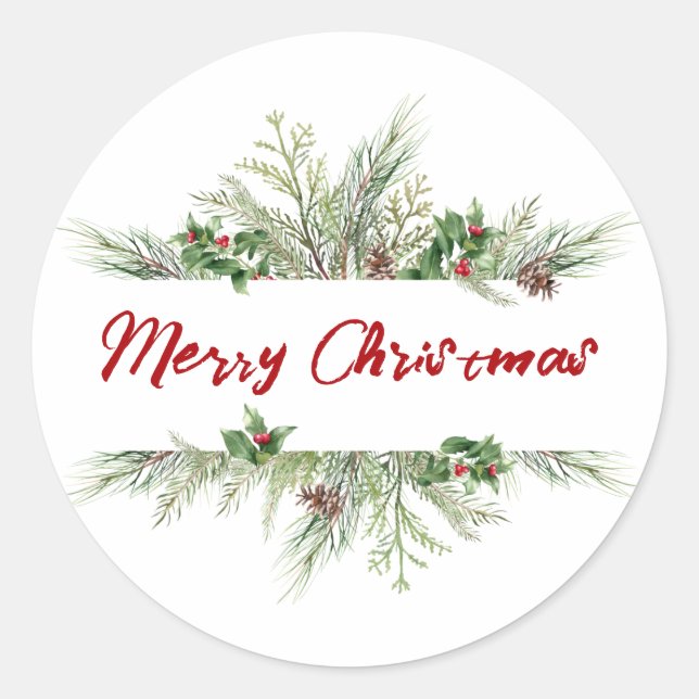 Merry Christmas Framed Winter Wheath Greeting Classic Round Sticker (Front)