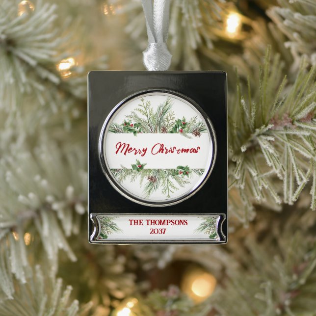 Merry Christmas Framed Winter Wheath Greeting Silver Plated Banner Ornament (Tree)