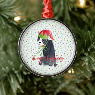 Merry Christmas French Bulldog Holly Hat Festive Metal Tree Decoration