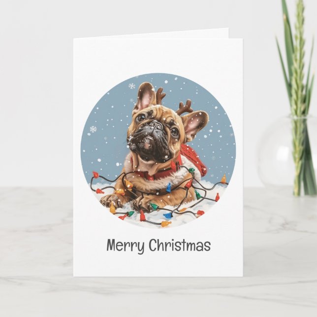 Merry Christmas French Bulldog Reindeer Dog Holiday Card (Front)
