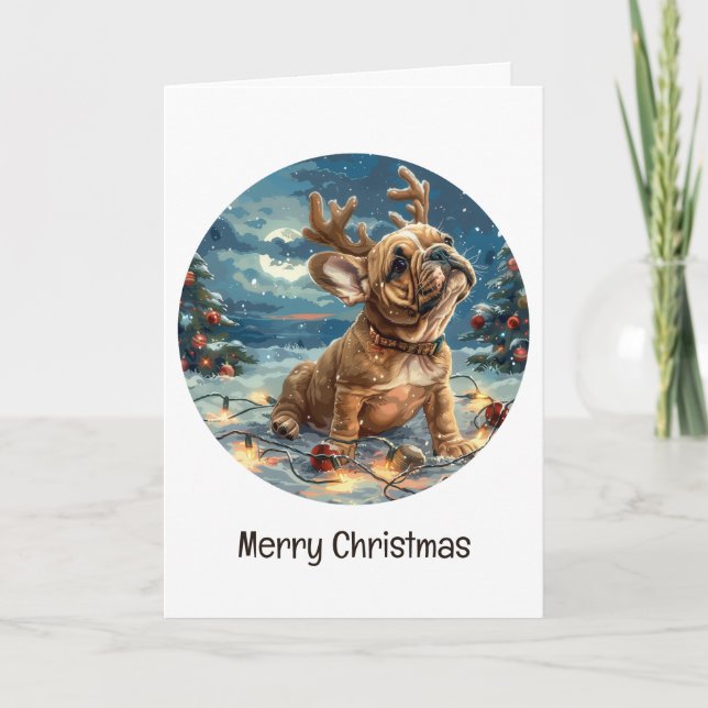 Merry Christmas French Bulldog Reindeer Dog Holiday Card (Front)