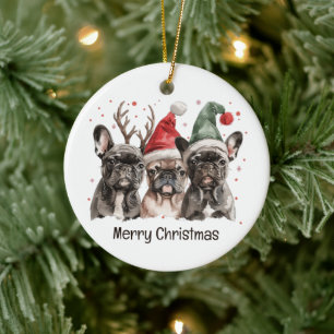Merry Christmas French Bulldog Reindeer Dogs Ceramic Tree Decoration