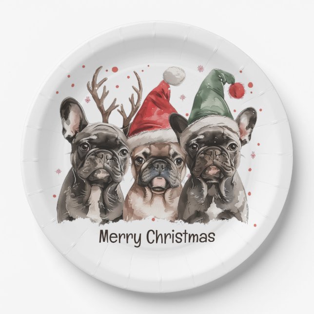Merry Christmas French Bulldog Reindeer Dogs Paper Plate (Front)