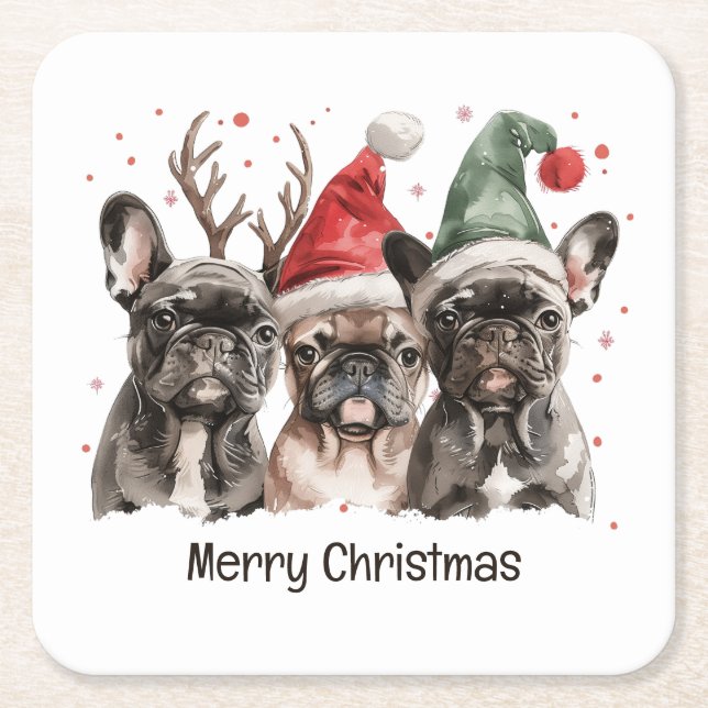 Merry Christmas French Bulldog Reindeer Dogs Square Paper Coaster (Front)