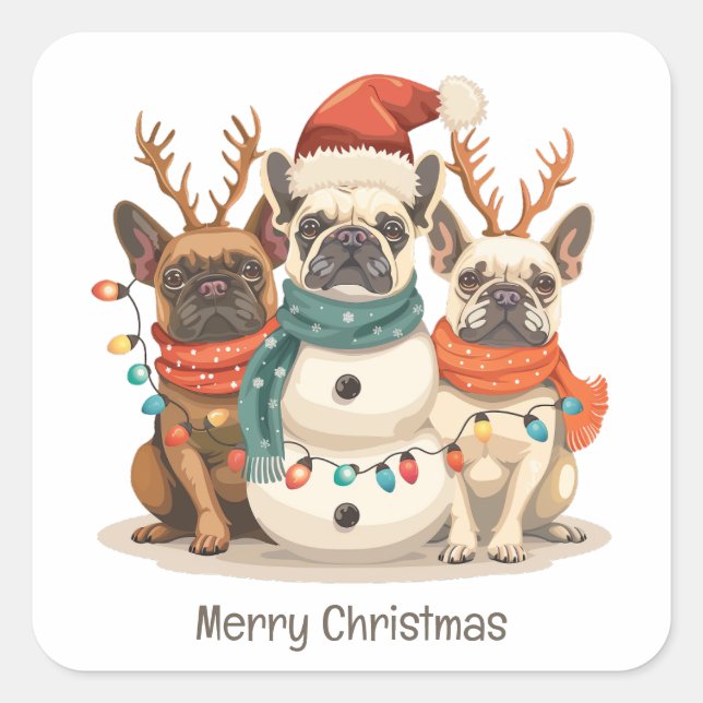 Merry Christmas French Bulldog Reindeer Dogs Square Sticker (Front)