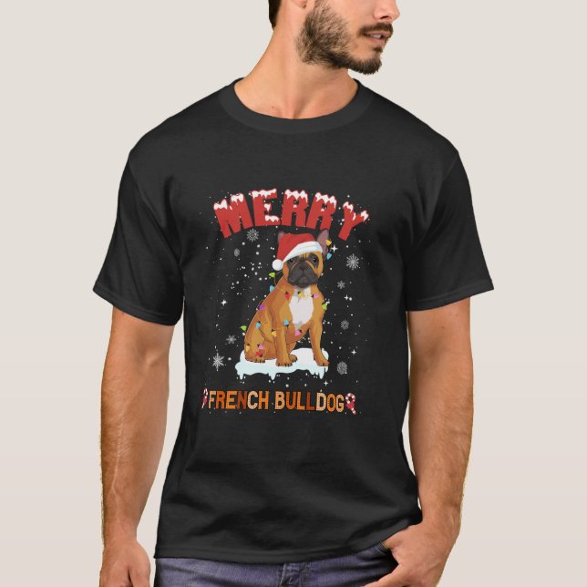 Merry Christmas French Bulldog Santa Hat Christmas T-Shirt (Front)