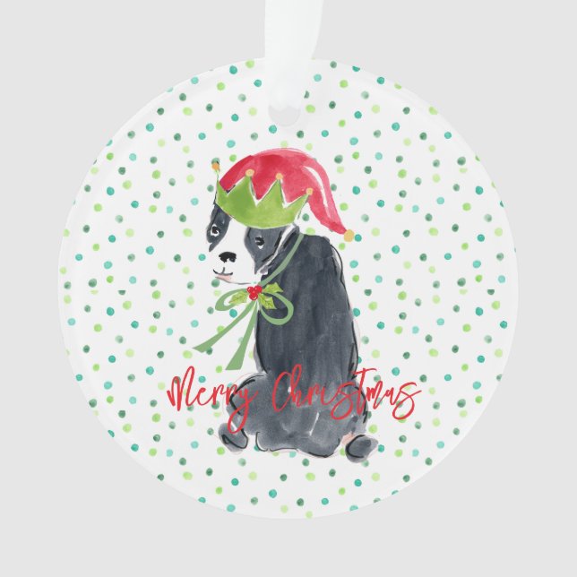 Merry Christmas French Bulldog Wreath Holly NAME Ornament (Front)