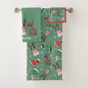 Merry Christmas French Bulldogs Bath Towel Set