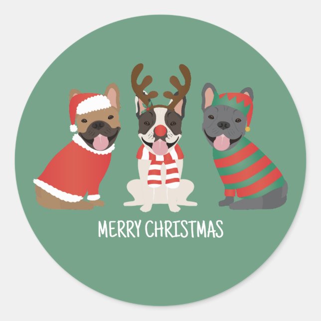 Merry Christmas French Bulldogs Classic Round Sticker (Front)