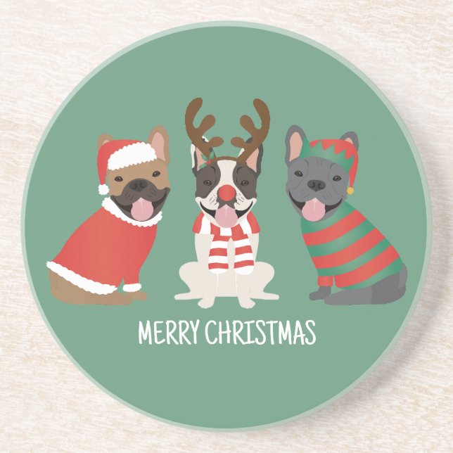 Merry Christmas French Bulldogs Coaster (Front)