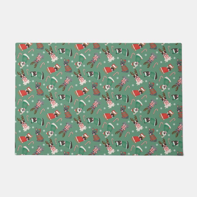 Merry Christmas French Bulldogs Doormat (Front)