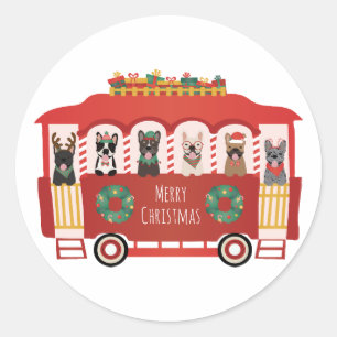 Merry Christmas French Bulldogs Holiday Trolly Classic Round Sticker