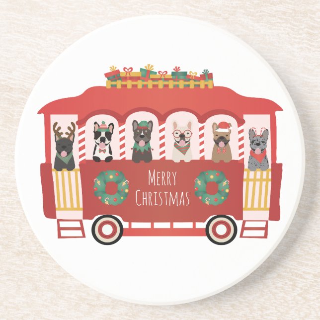 Merry Christmas French Bulldogs Holiday Trolly Coaster (Front)