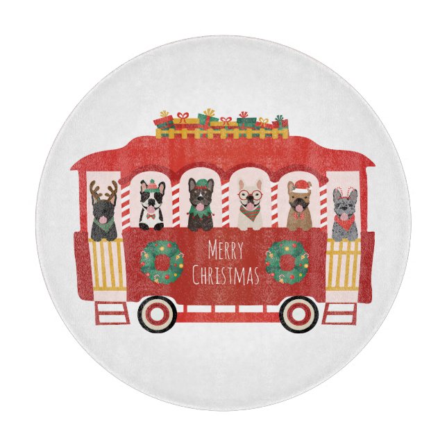 Merry Christmas French Bulldogs Holiday Trolly Cutting Board (Front)