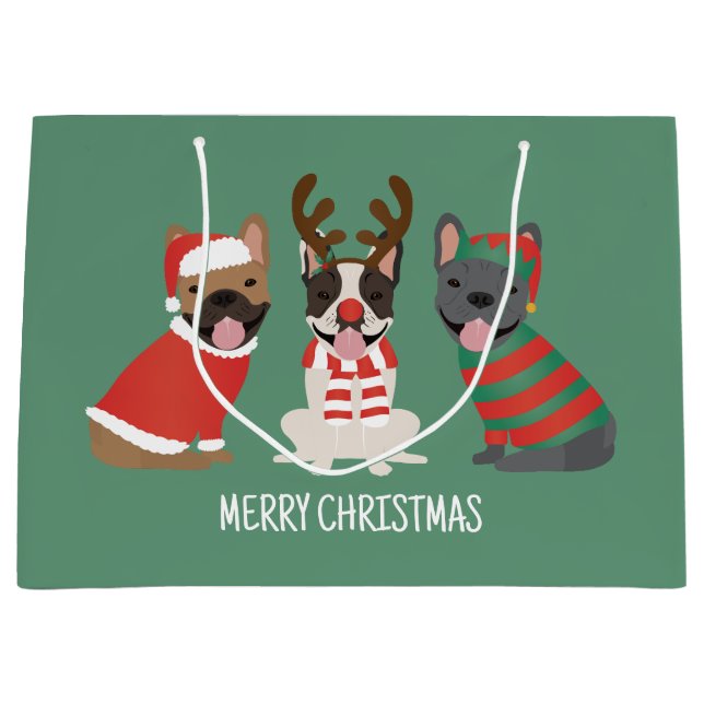 Merry Christmas French Bulldogs Large Gift Bag (Front)