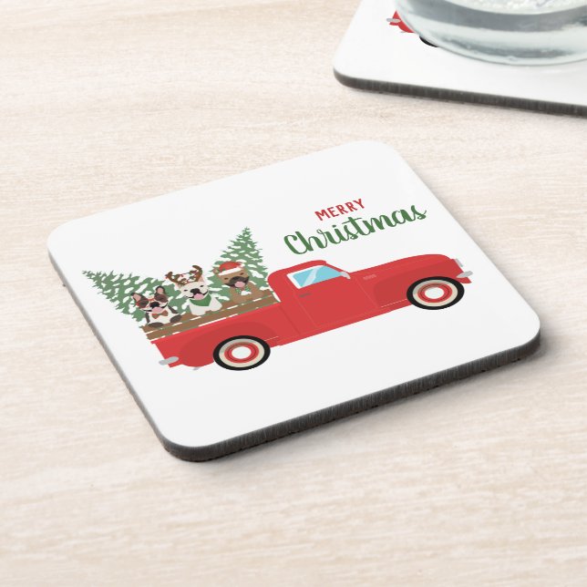 Merry Christmas French Bulldogs Red Pickup Truck Coaster (Left Side)
