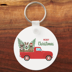 Merry Christmas French Bulldogs Red Pickup Truck Key Ring