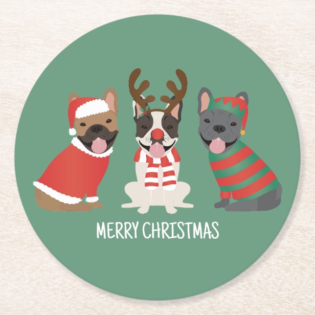 Merry Christmas French Bulldogs Round Paper Coaster (Front)