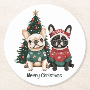 Merry Christmas French Bulldogs Round Paper Coaster