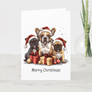 Merry Christmas French Bulldogs Santa Hat Holiday Card