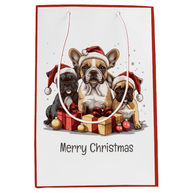 Merry Christmas French Bulldogs Santa Hat Medium Gift Bag (Front)