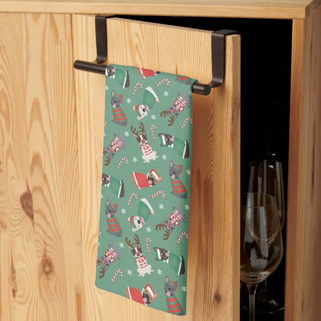 Merry Christmas French Bulldogs Tea Towel (Thirds Fold)