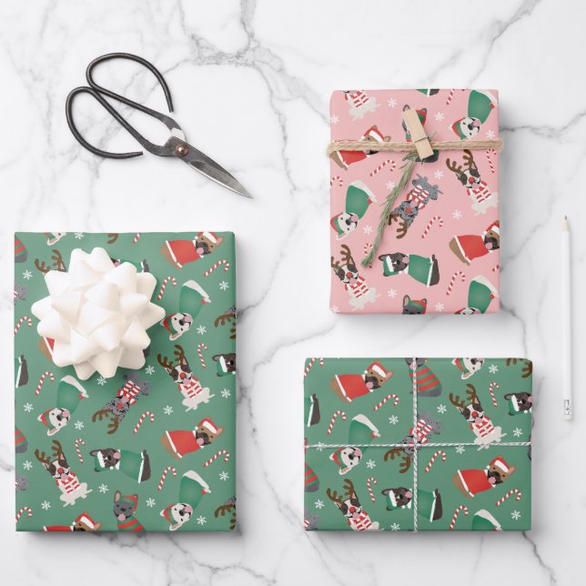 Merry Christmas French Bulldogs Wrapping Paper Sheet (Front)