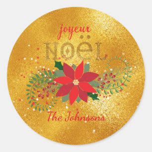 Merry Christmas French Orange Glass Glitter Classic Round Sticker
