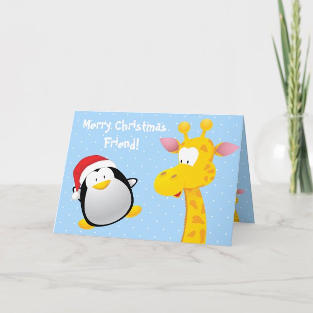 Merry Christmas Friend Cute Penguin & Giraffe Holiday Card (Front)