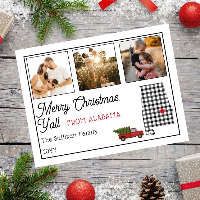 Merry Christmas from Alabama Photo Holiday (Rustic "Merry Christmas Y'all from Alabama" Three Photo and State Holiday Postcard)