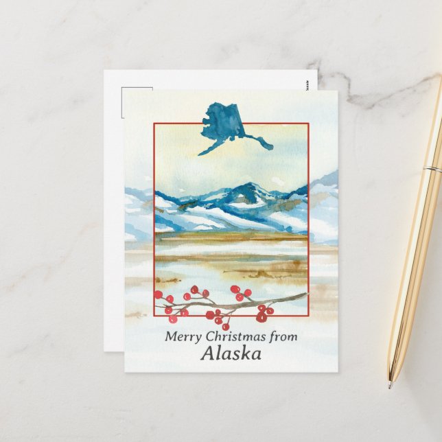 Merry Christmas from Alaska Tundra Winter Mountain Holiday Postcard (Front/Back In Situ)