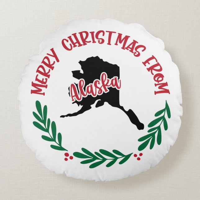 Merry Christmas From Alaska USA Red Green White  Round Cushion (Front)