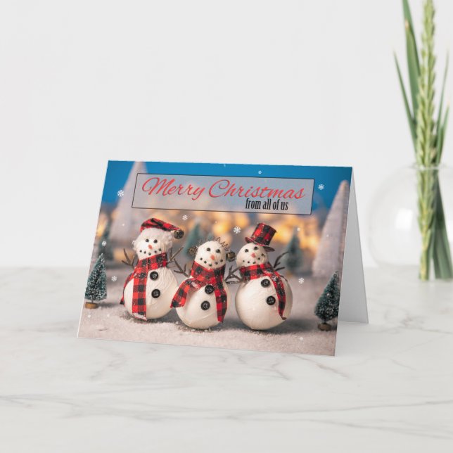 Merry Christmas From All of Us Cute Snowmen Photo Holiday Card (Front)