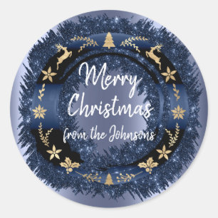 Merry Christmas From Blue Navy Glitter Gold Wreath Classic Round Sticker