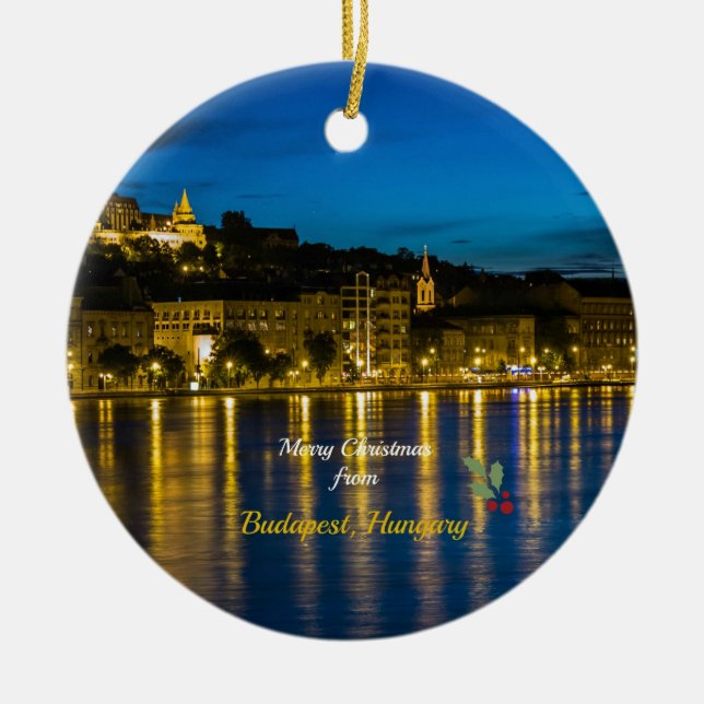 Merry Christmas from Budapest, Hungary, Ceramic Tree Decoration (Front)
