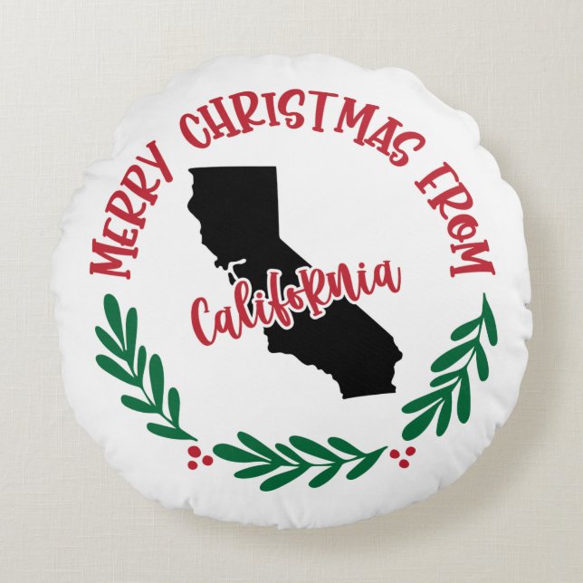 Merry Christmas From California US Red Green Round Cushion (Front)