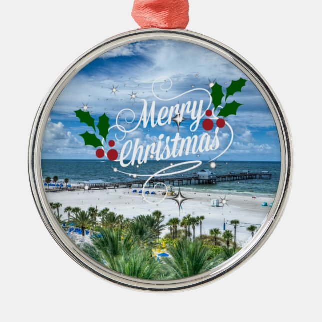 Merry Christmas from Clearwater Beach Metal Tree Decoration (Front)