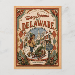 Merry Christmas from Delaware Vintage Snow Globe Holiday Postcard