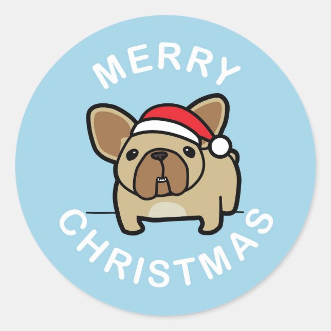 Merry Christmas from Fawn Santa Frenchie - Blue Classic Round Sticker (Front)