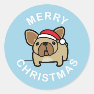 Merry Christmas from Fawn Santa Frenchie - Blue Classic Round Sticker