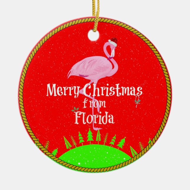 Merry Christmas from Florida and Santa Flamingo Ceramic Tree Decoration (Front)