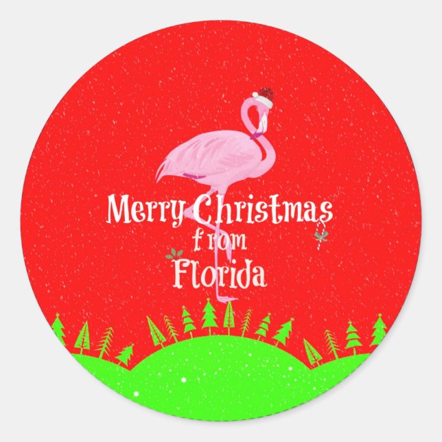 Merry Christmas from Florida and Santa Flamingo Classic Round Sticker (Front)