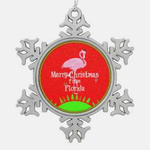 Merry Christmas from Florida and Santa Flamingo Snowflake Pewter Christmas Ornament