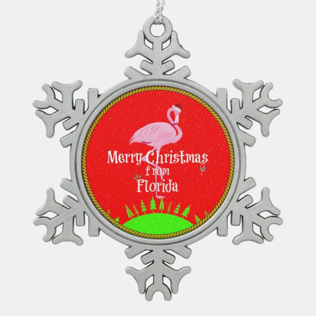 Merry Christmas from Florida and Santa Flamingo Snowflake Pewter Christmas Ornament (Front)