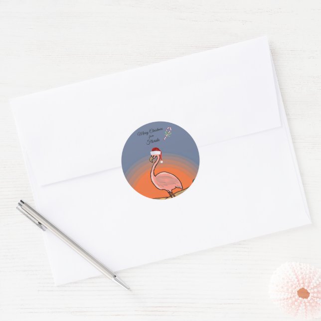 Merry Christmas from Florida, Flamingo, Classic Round Sticker (Envelope)