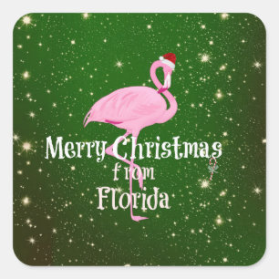 Merry Christmas from Florida, Santa Flamingo Square Sticker
