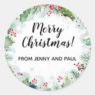 Merry Christmas From Holly and Ivy Wreath Classic Round Sticker
